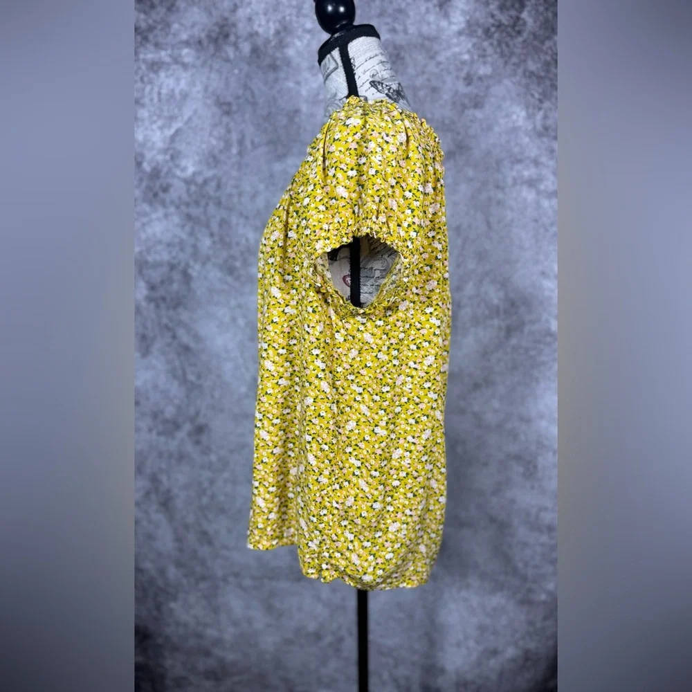Old Navy Yellow Floral Cottagecore Peasant Blouse Tie Neck Rayon Top L